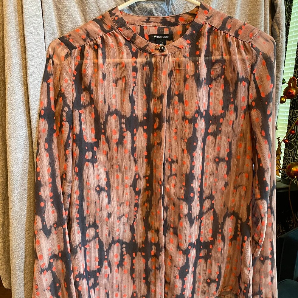 I ❤ Ronson patterned button down semi sheer long sleeve blouse XS - Picture 1 of 8